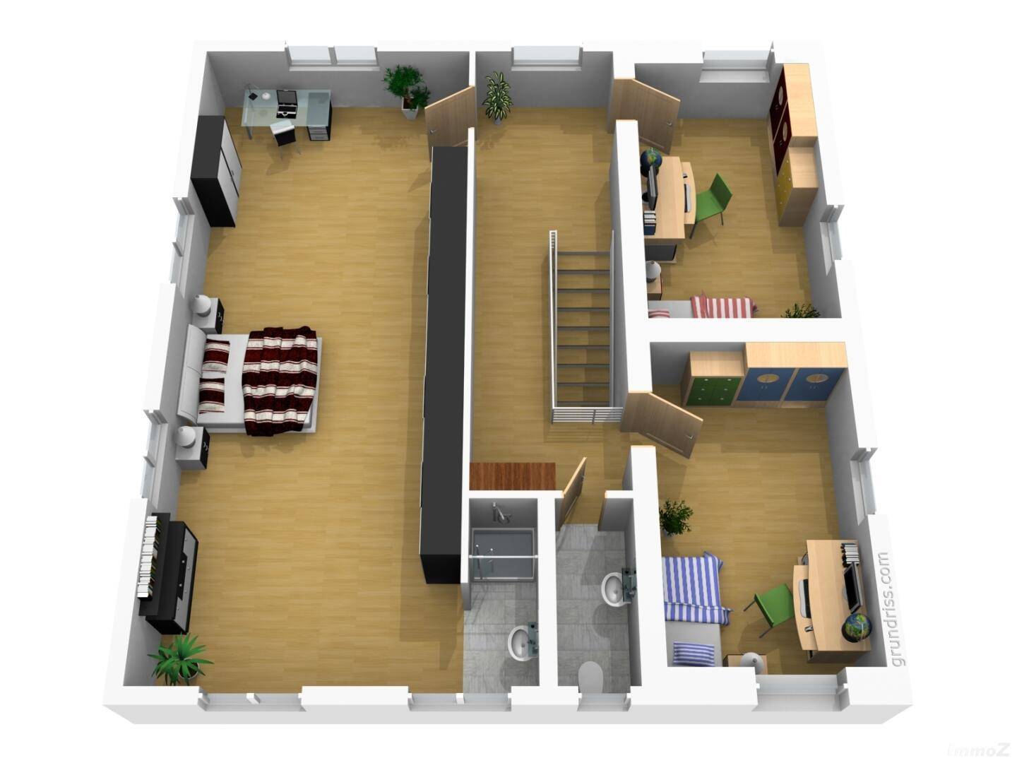 3D-Grundriss des Obergeschosses mit Schlafzimmern und Badezimmer.
