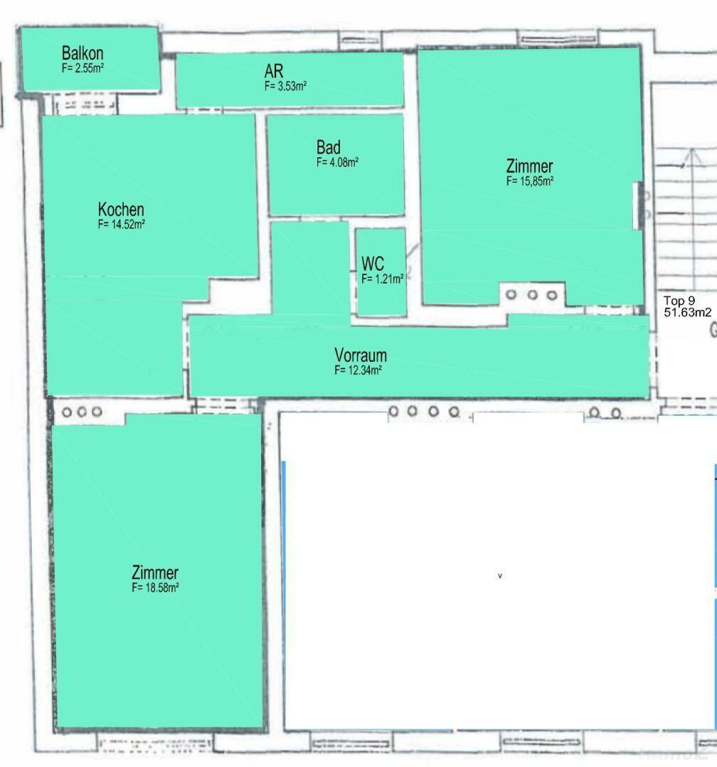 Grundriss der Wohnung mit Balkon, Küche, Bad und zwei Zimmern.