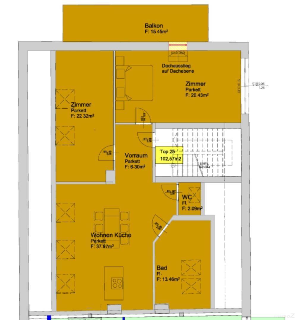 Grundriss der Dachgeschosswohnung mit drei Zimmern, Wohnküche, Bad, WC und Balkon.