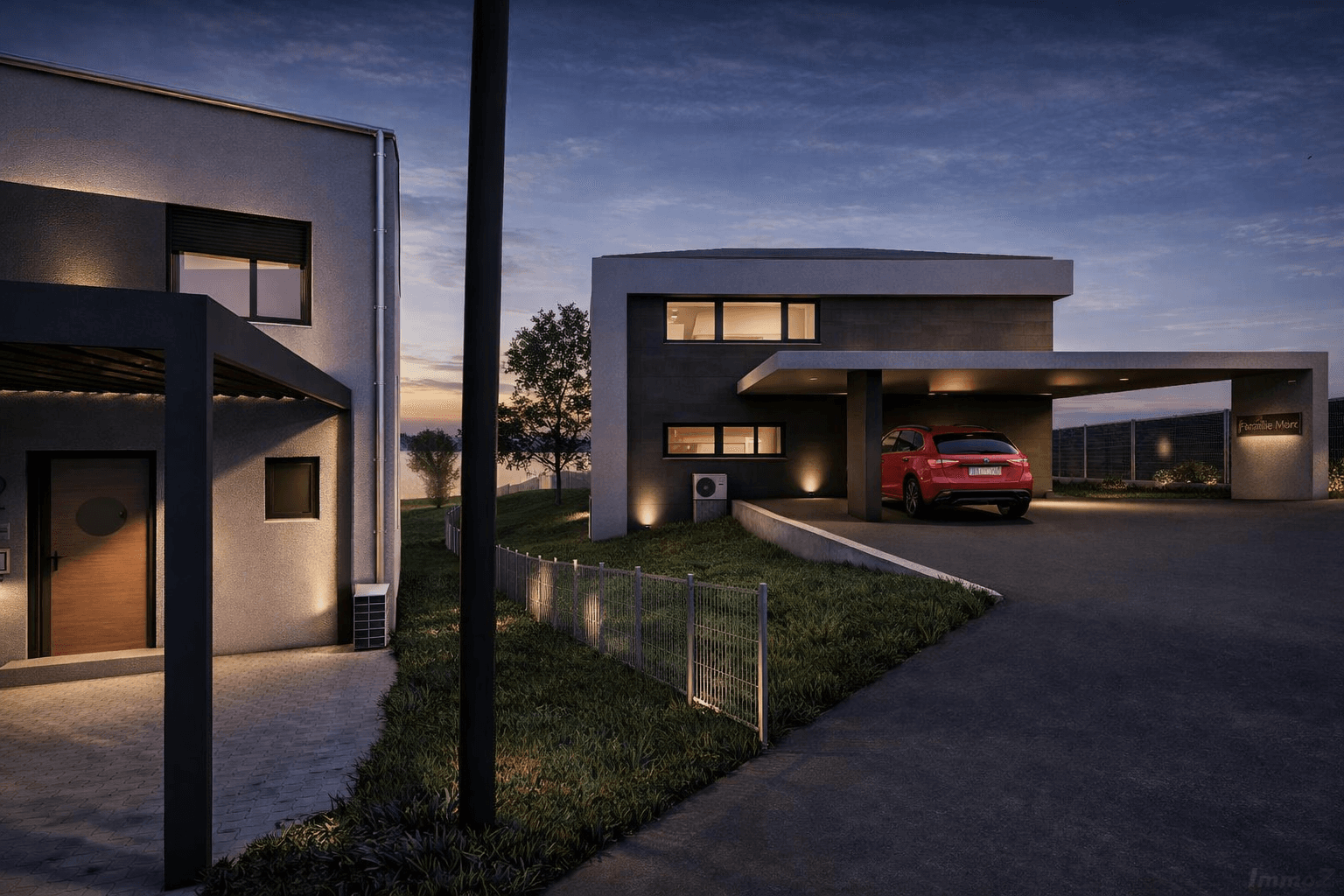 Moderne Architektur mit Carport und Zufahrt, umgeben von gepflegter Grünfläche in der Abenddämmerung.
