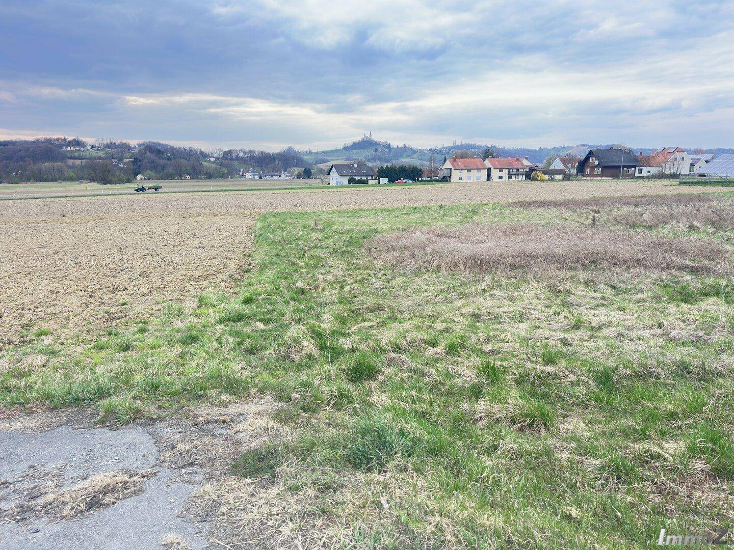Weitläufige Felder und grüne Wiesen mit Häusern in der Ferne unter bewölktem Himmel.