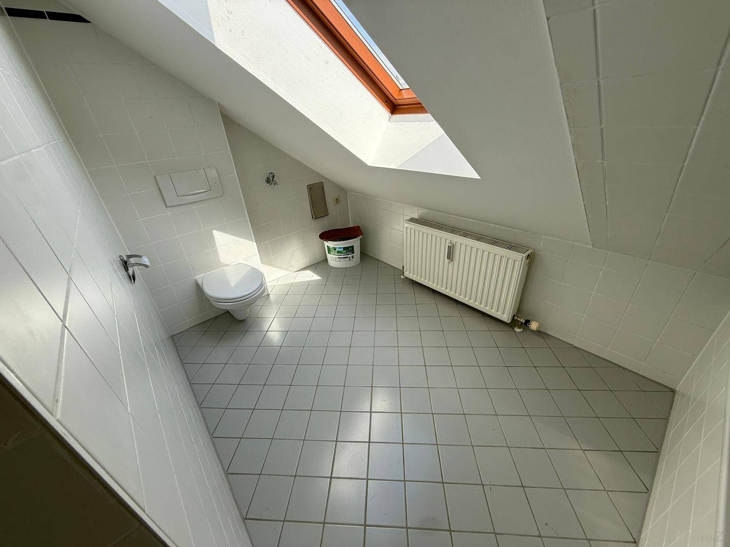 Toilettenbereich im Badezimmer mit Wand-WC, Heizkörper und einem Dachfenster für Tageslicht.
