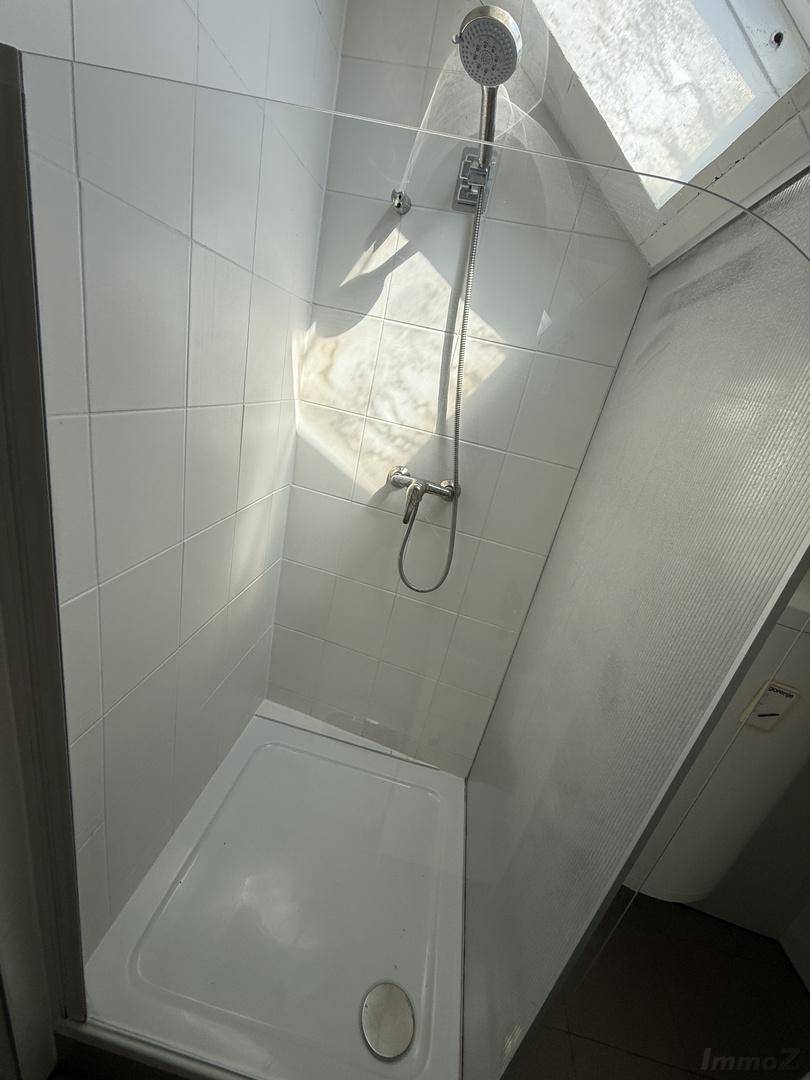 Duschbereich mit Glasabtrennung und Dachfenster, das viel Tageslicht hereinlässt.