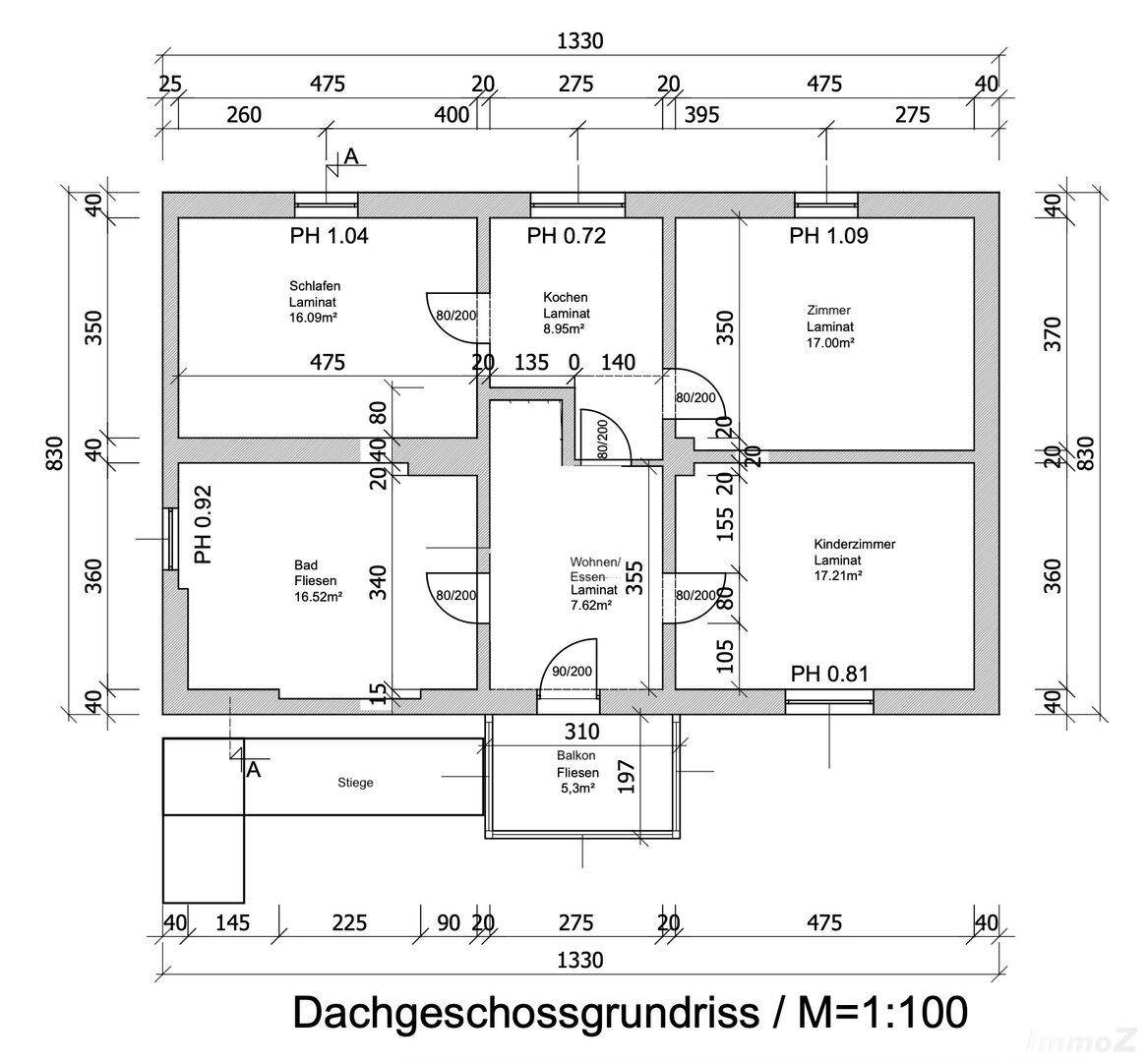 Grundriss des Dachgeschosses mit Aufteilung in Schlafzimmer, Küche und Bad.