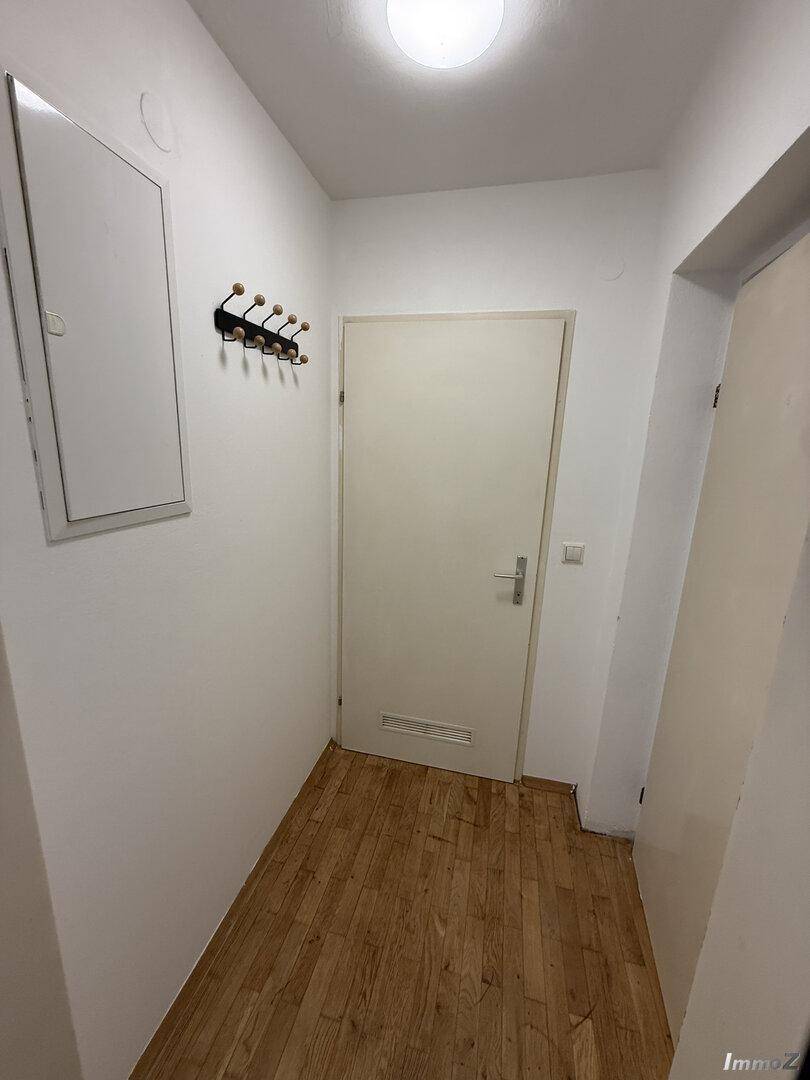 Eingangsbereich mit Holzboden und Garderobenhaken, der zu den Wohnräumen führt.
