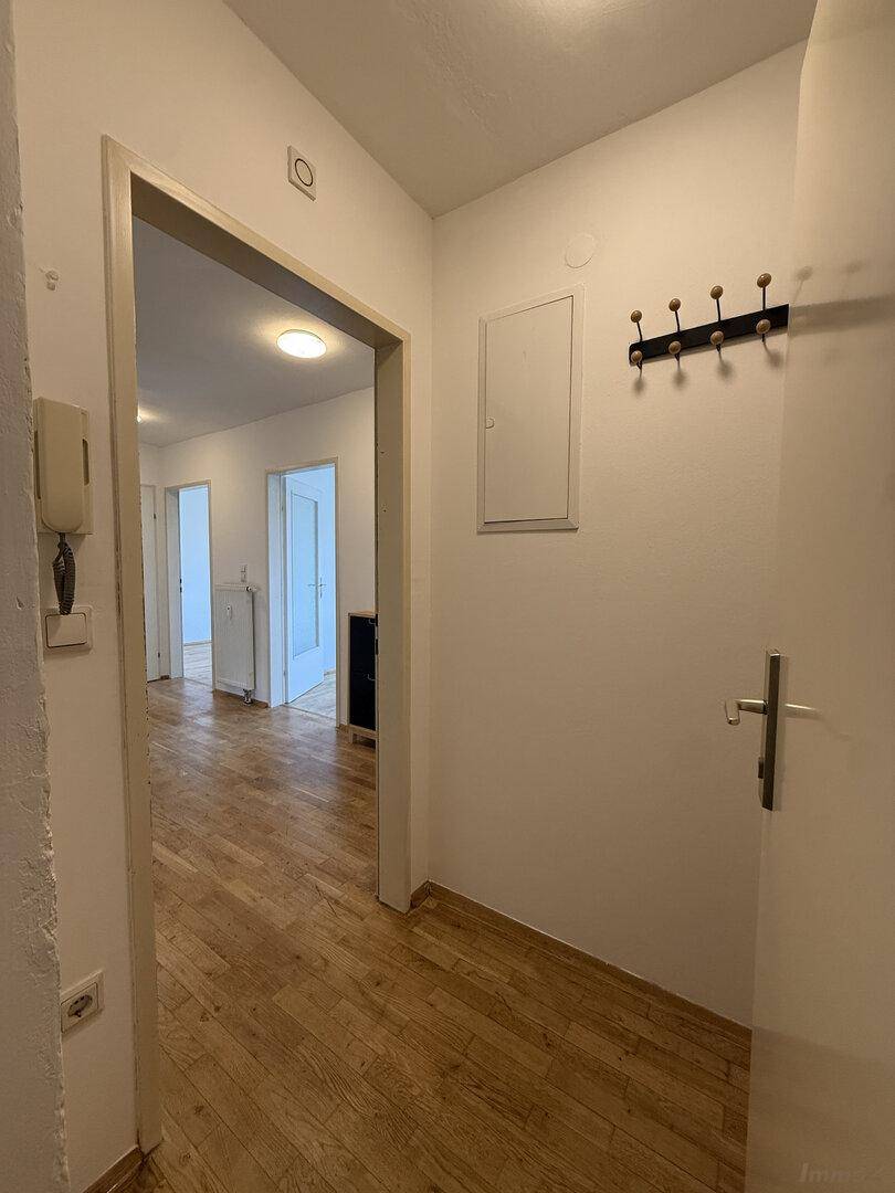 Heller Flur mit Holzparkettboden und Garderobenhaken, der zu weiteren Räumen führt.