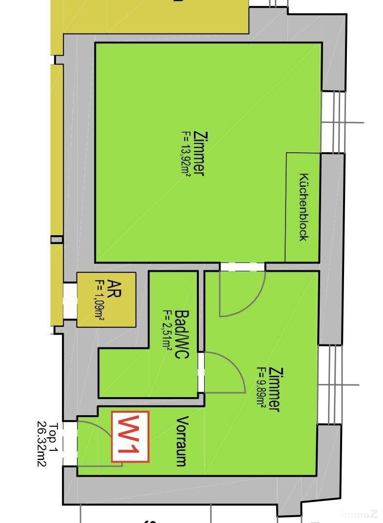 Detaillierter Grundriss einer kleinen Wohnung mit zwei Zimmern, Bad/WC und Abstellraum.