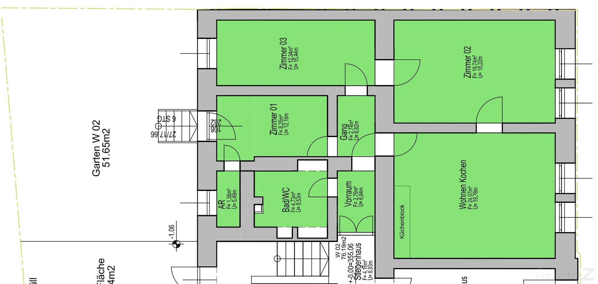 Detaillierter Grundriss einer Wohnung mit Zimmeraufteilung, Küche und Sanitärbereichen.