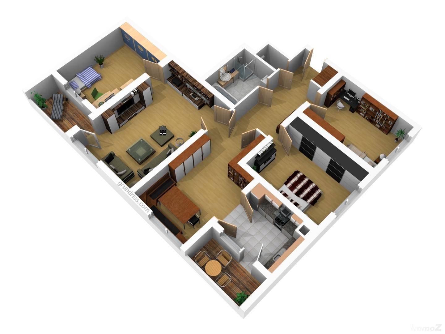 3D-Grundriss der Wohnung mit möblierten Räumen und offenem Wohnbereich.