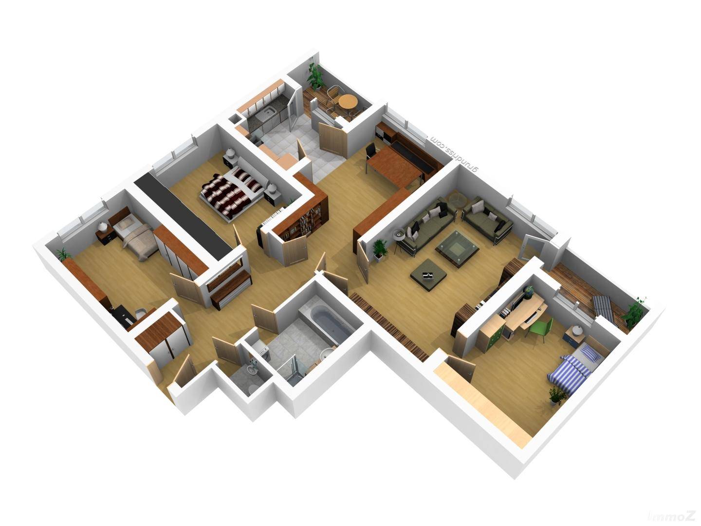 Detaillierter 3D-Grundriss der Wohnung aus einer anderen Perspektive mit allen Räumen.