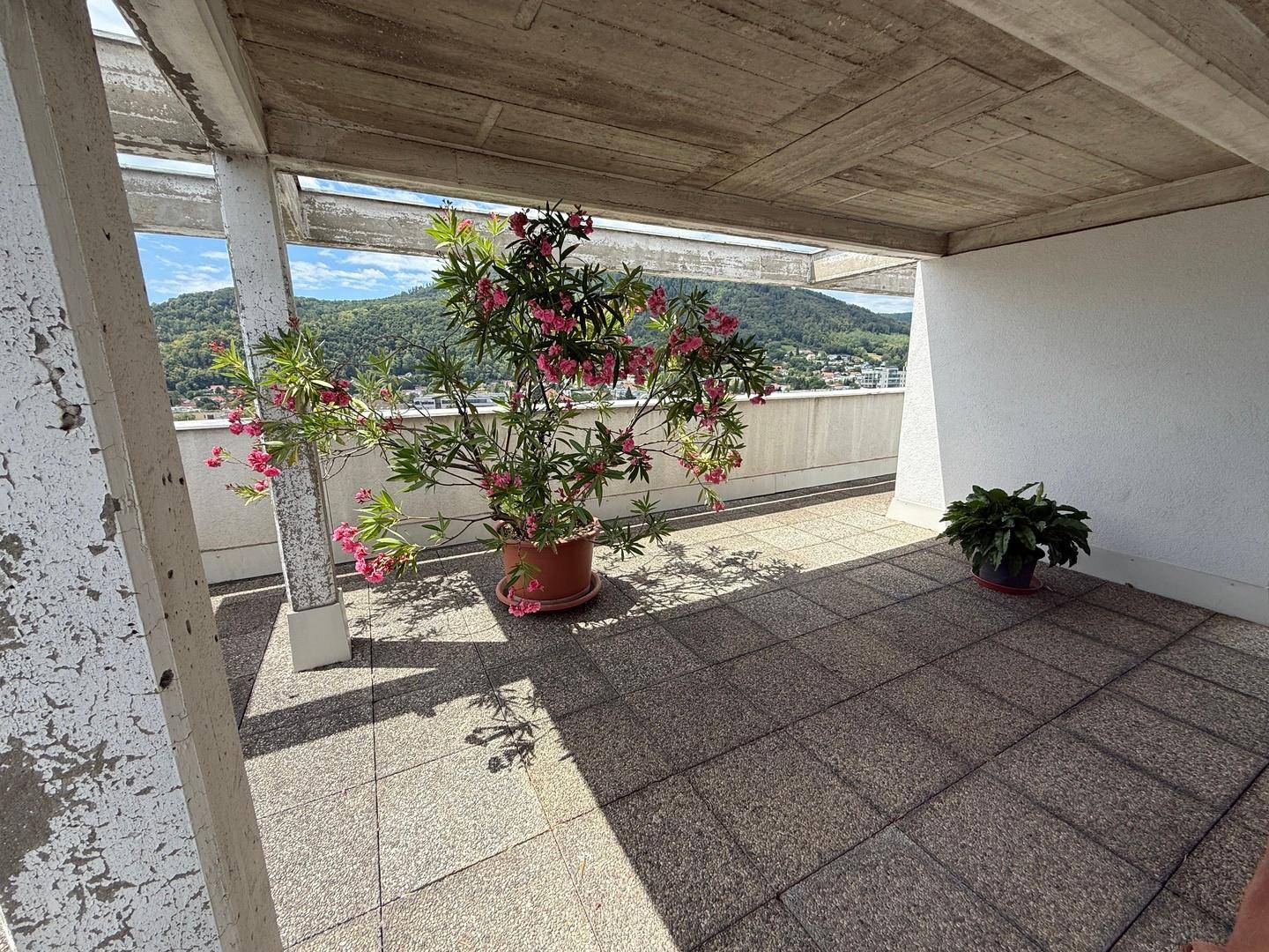 Geräumige, geflieste Terrasse mit Topfpflanzen und weitem Blick auf die umliegenden Hügel.