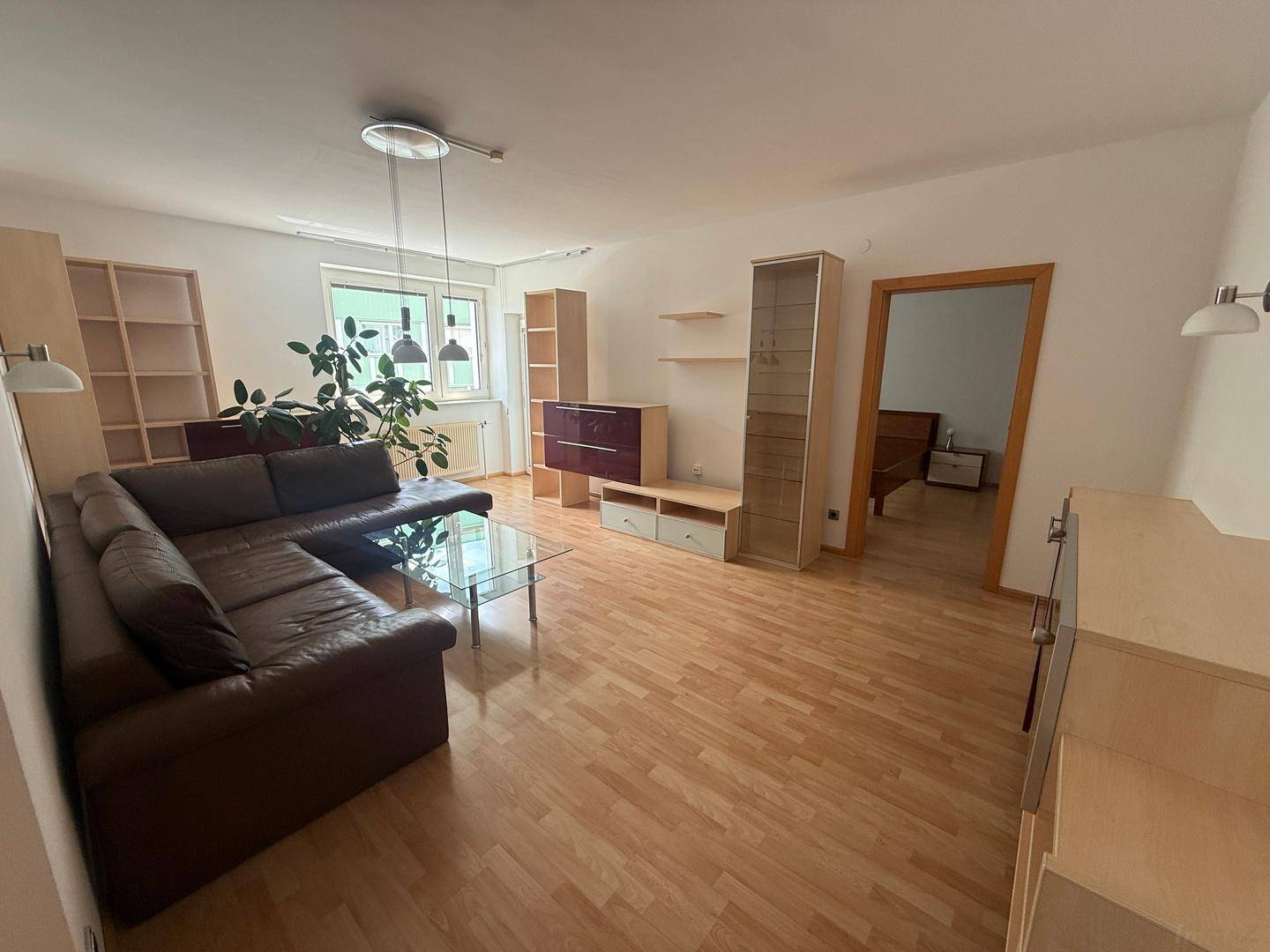 Gemütliches Wohnzimmer mit braunem Ecksofa, Couchtisch und Regalsystemen an den Wänden.