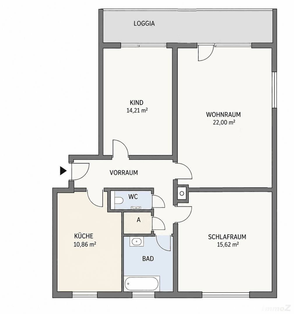 Grundriss der Wohnung mit Wohnraum, Schlafzimmer, Kinderzimmer, Küche, Bad und Loggia.