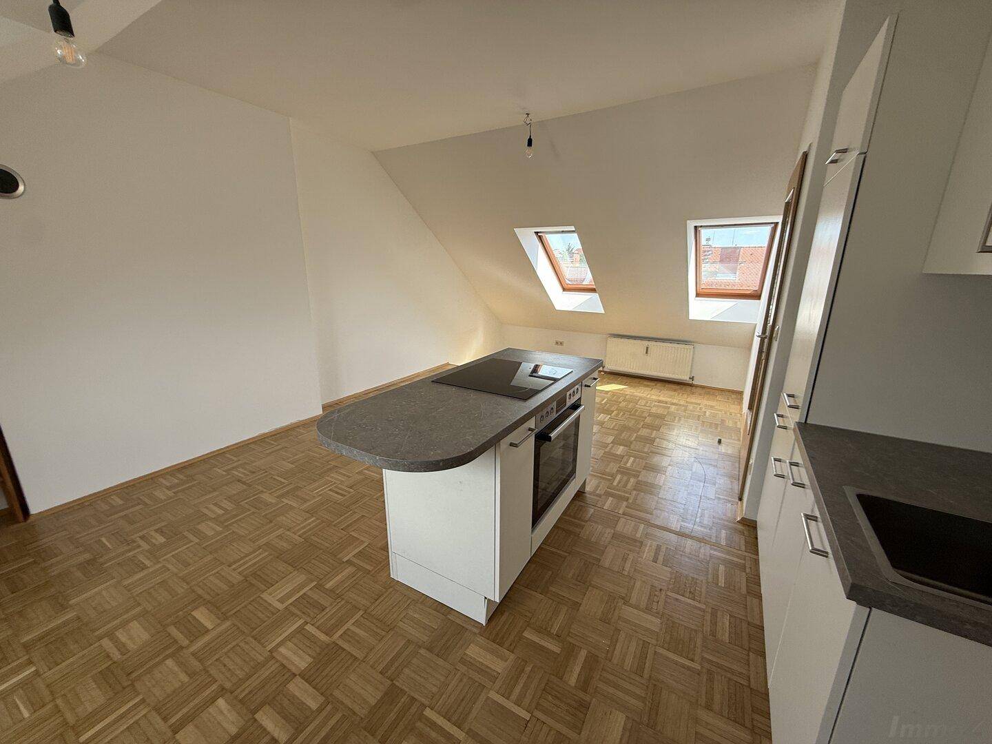 Moderne Kücheninsel mit Induktionskochfeld und Backofen, umgeben von Parkettboden.