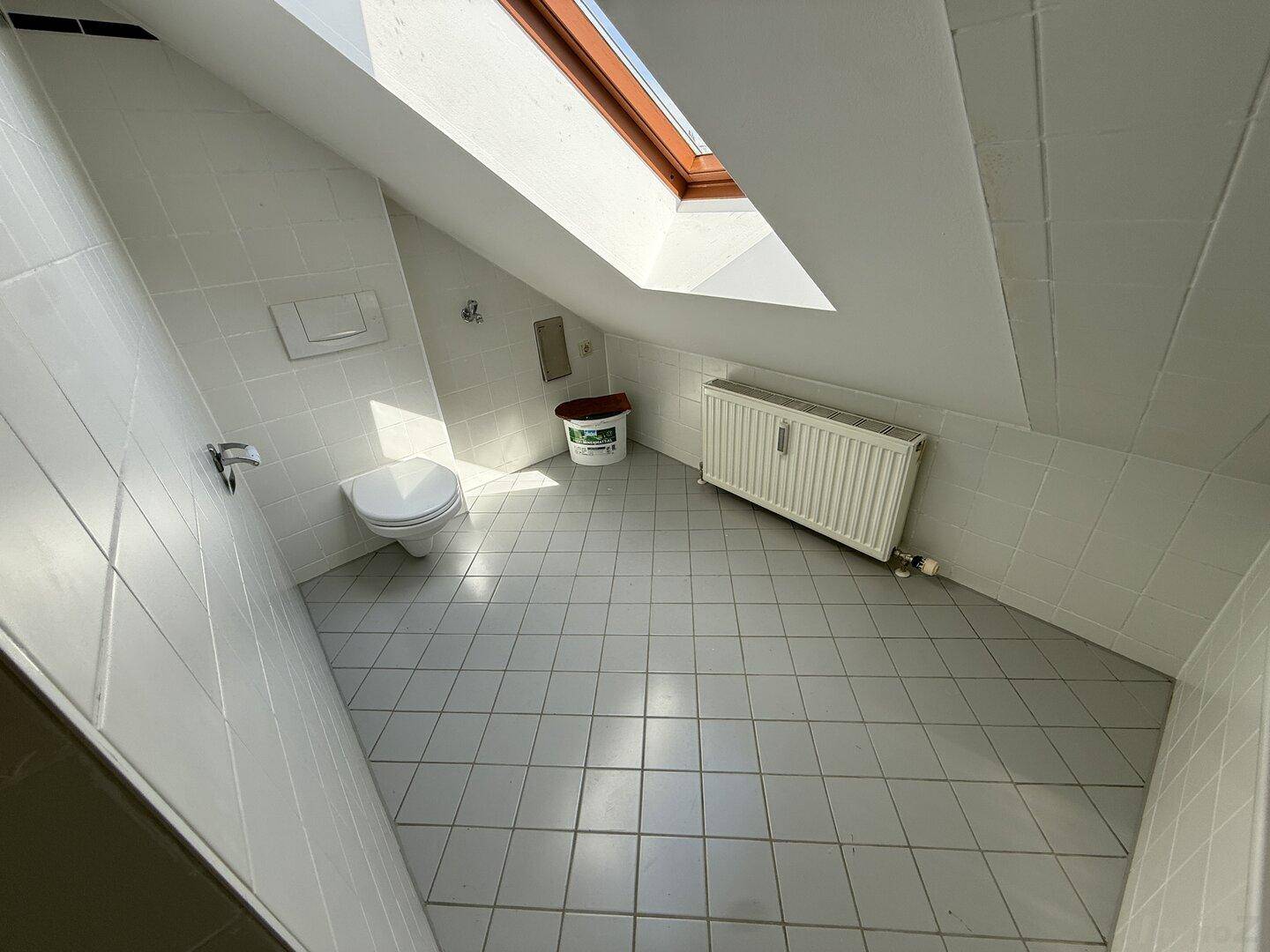 Badezimmer mit Toilette, Heizkörper und einem Dachfenster, das viel Licht spendet.