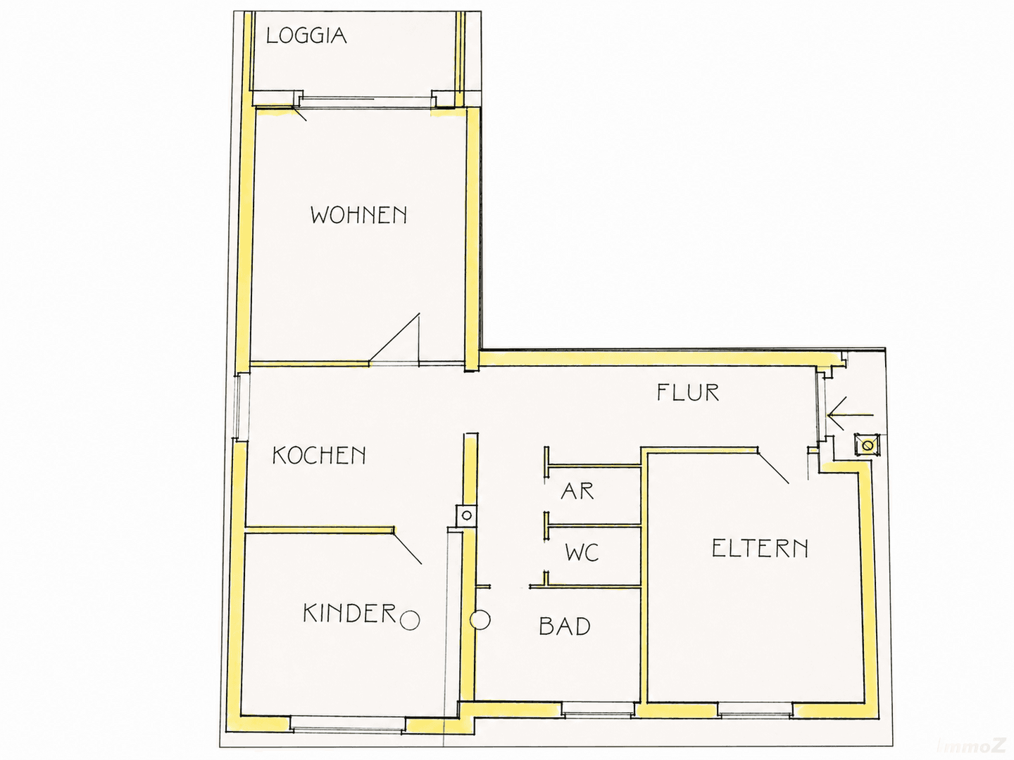 Grundrissplan zeigt die Aufteilung mit Küche, Wohnzimmer, Kinderzimmer, Schlafzimmer, Bad und Loggia.