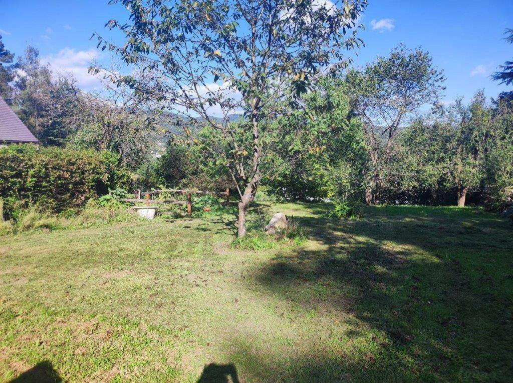 Sonniger Garten mit Rasenfläche, Bäumen und einem weiten Blick auf die umliegende Hügellandschaft.