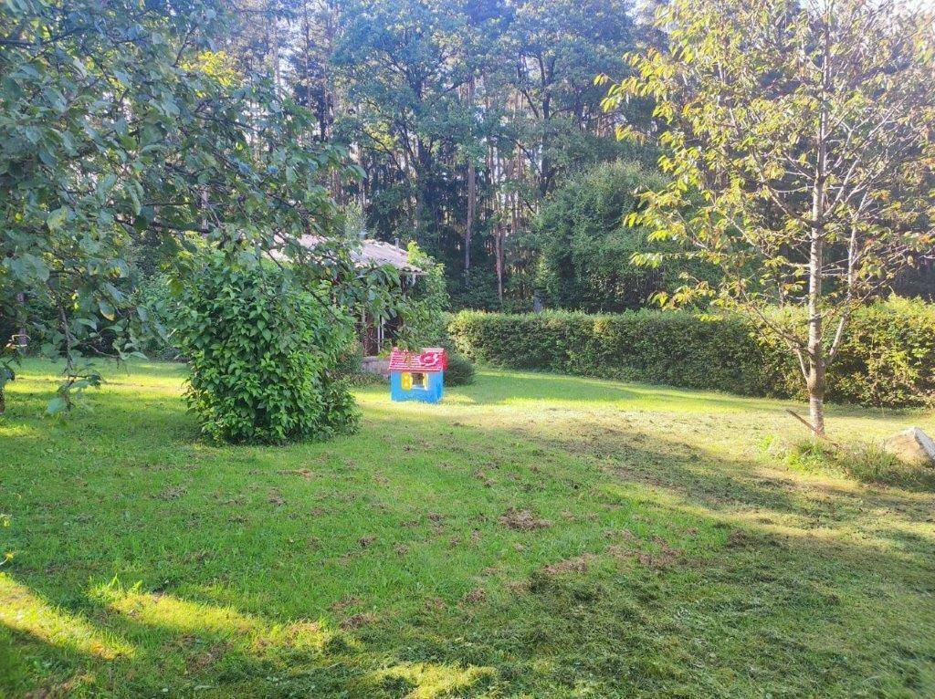 Sonniger Garten mit Rasenfläche, Bäumen, einer Hecke und einem bunten Spielhaus für Kinder.