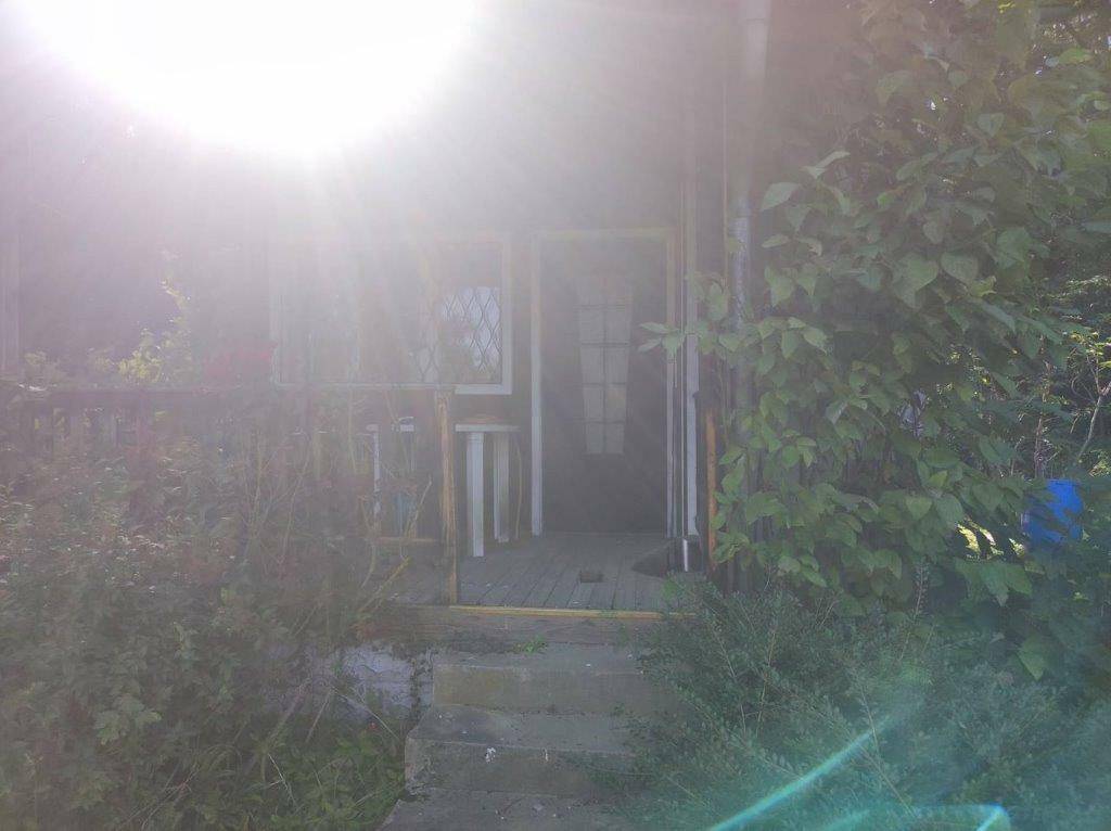 Überbelichteter Eingangsbereich eines rustikalen Gartenhauses mit Veranda und Treppe im Sonnenlicht.