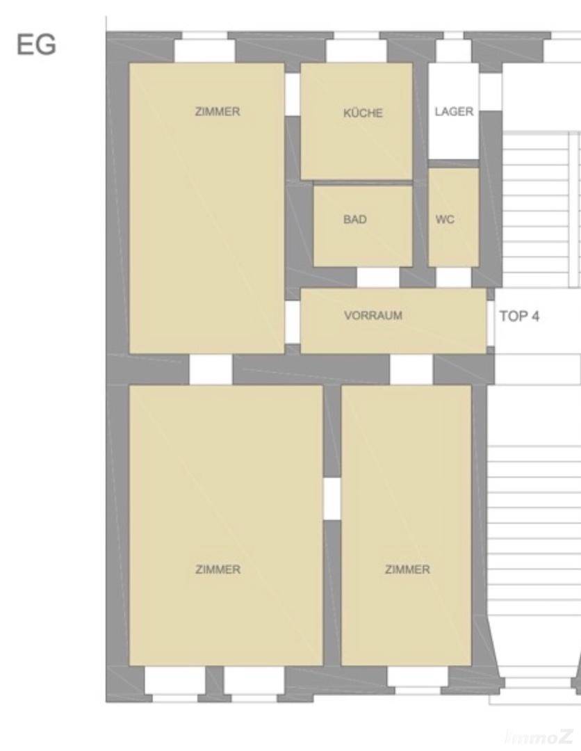 Grundriss des Erdgeschosses mit mehreren Zimmern, Küche, Bad, separatem WC und Abstellraum.