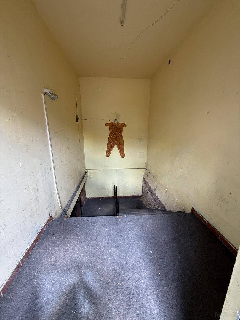 Dunkler, alter Treppenabgang in einem Kellerbereich mit gelben Wänden und abgenutztem Bodenbelag.