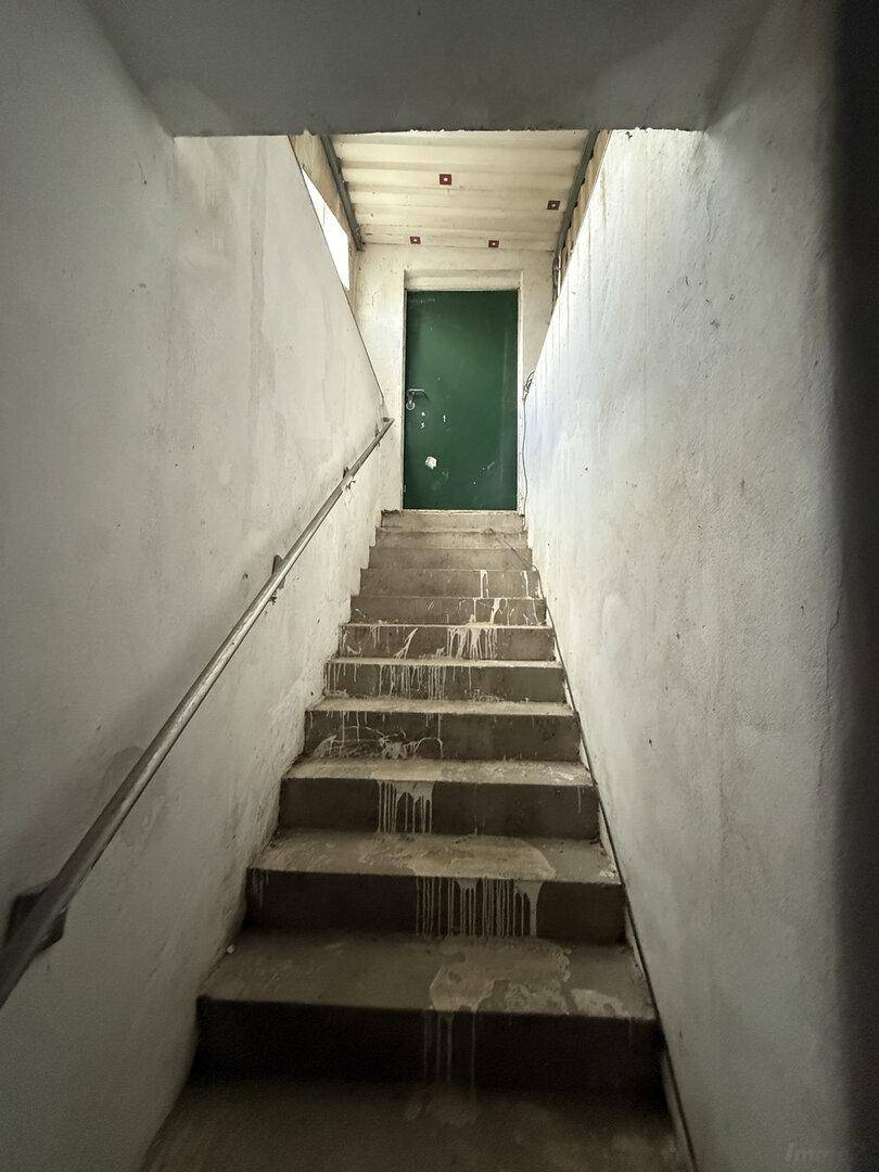 Betontreppenhaus führt zu einer grünen Tür, die Wände sind rauer Beton mit Farbspritzern.
