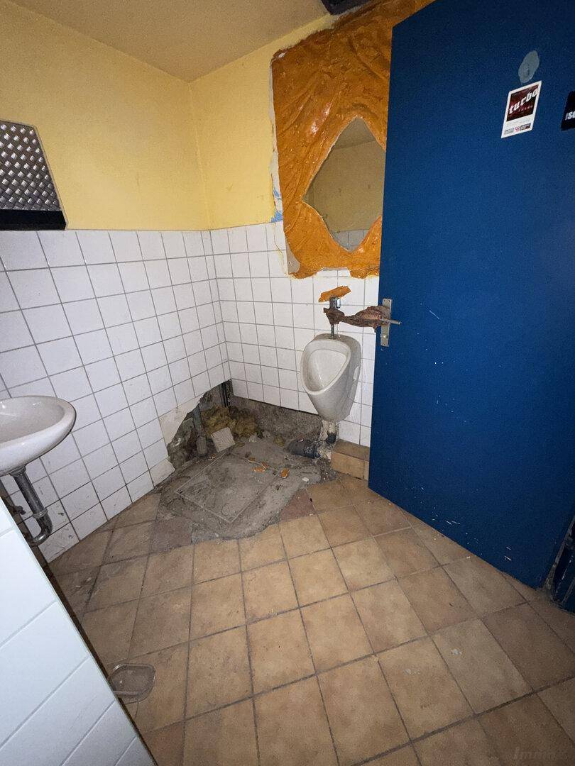 Alte, beschädigte öffentliche Toilette mit Urinal, Waschbecken und gefliesten Wänden, blauer Tür.