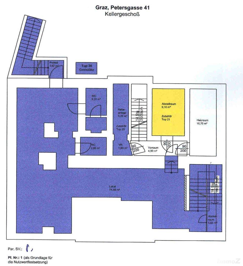 Grundriss des Kellergeschosses mit verschiedenen Räumen, Treppen und Flächenangaben.