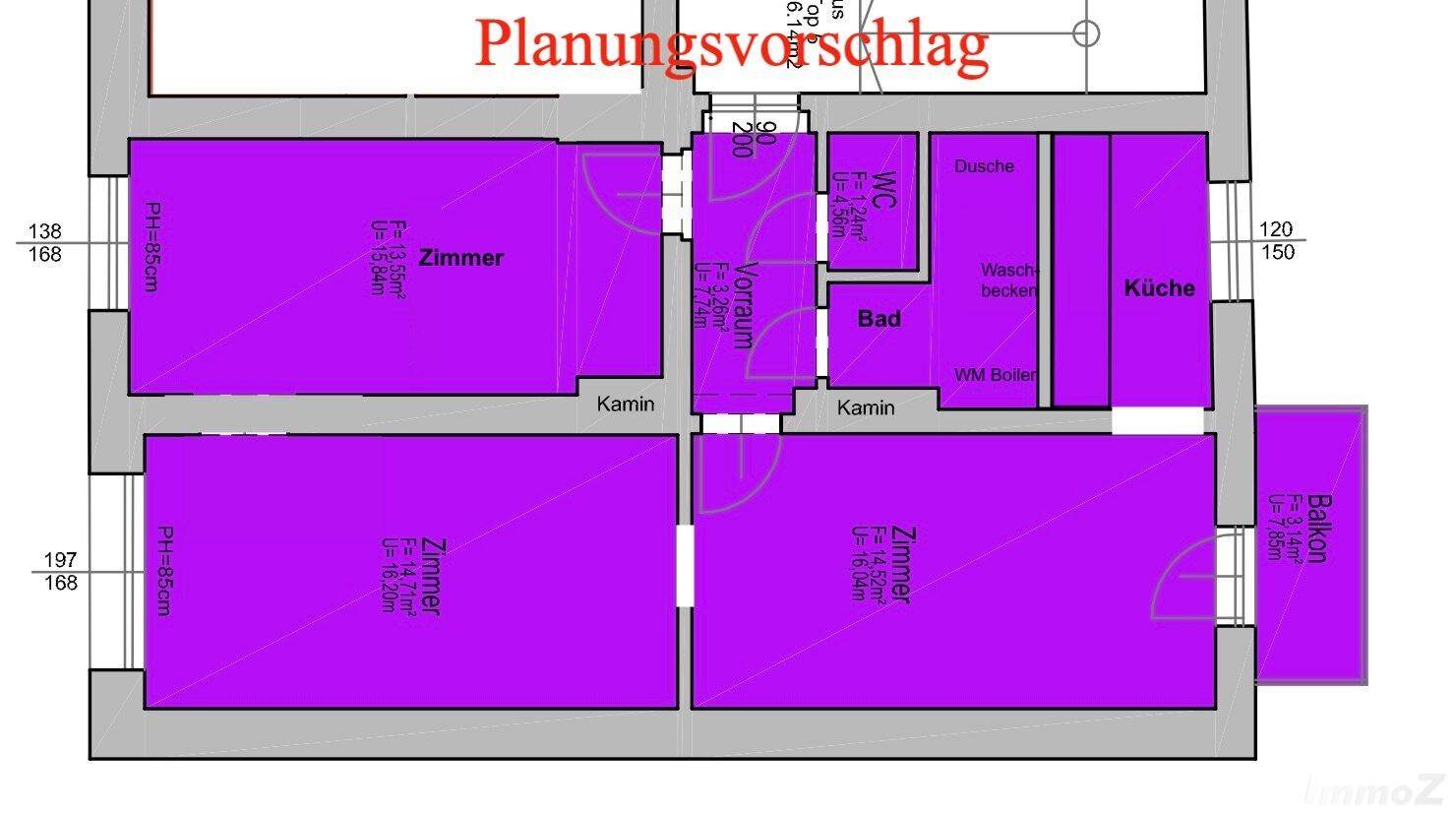 Grundrissplan mit mehreren Zimmern, Bad, WC, Küche und Balkon.