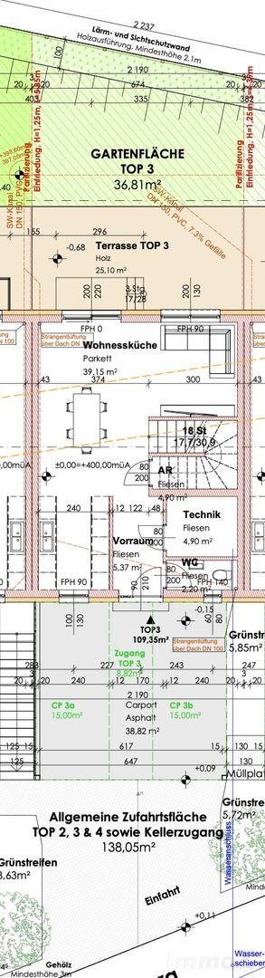 Grundriss des Erdgeschosses mit offener Wohnküche, separatem WC, Technikraum und Zugang zu Terrasse und Garten.