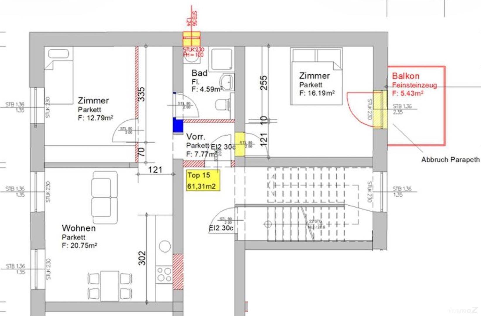 Grundriss einer Wohnung mit drei Zimmern, Bad und Balkon.