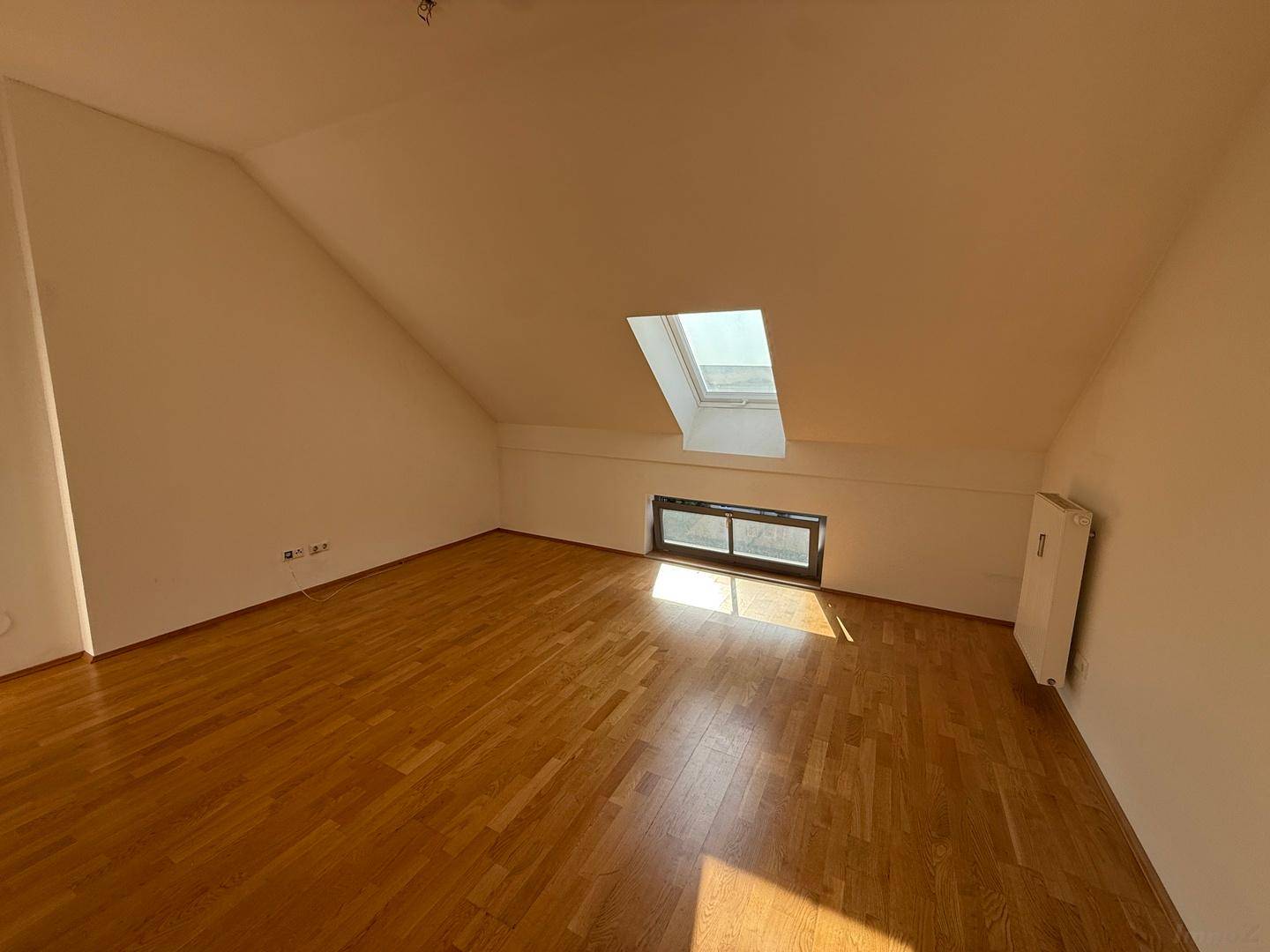 Geräumiges Zimmer im Dachgeschoss mit Holzboden und einem Dachfenster, das den Raum erhellt.