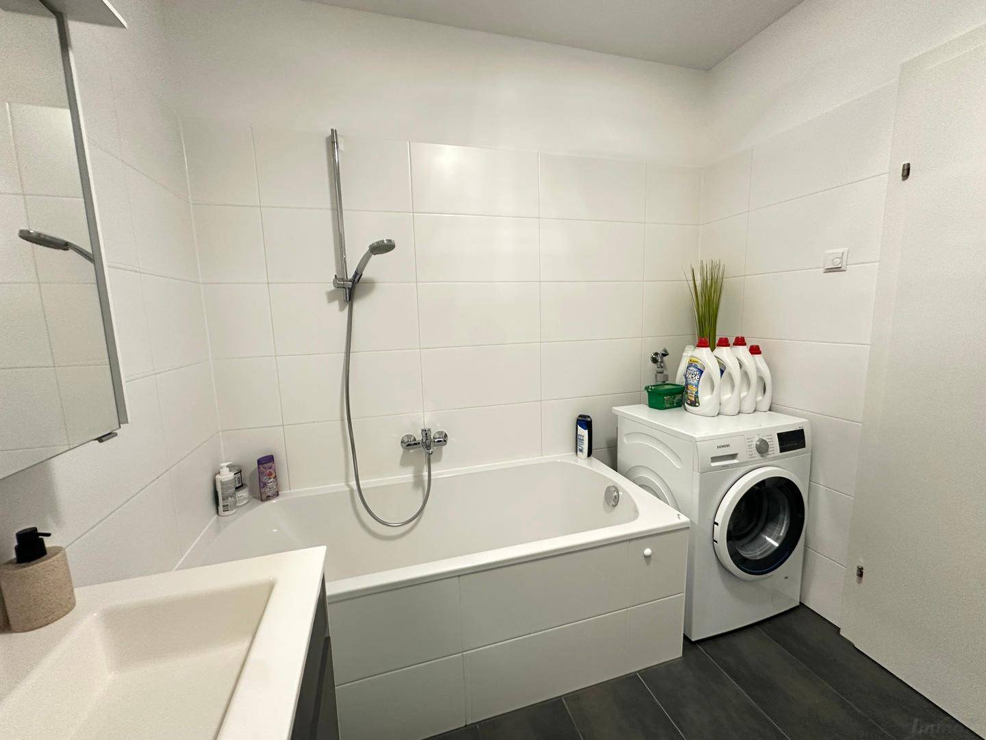 Modernes Badezimmer mit Badewanne, Duschfunktion, Waschbecken und Waschmaschine.