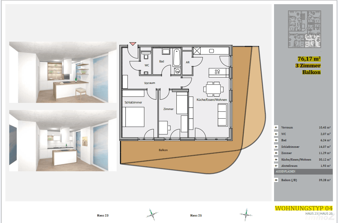 Detaillierter Grundriss einer 3-Zimmer-Wohnung mit großem Balkon und integrierter Küche.