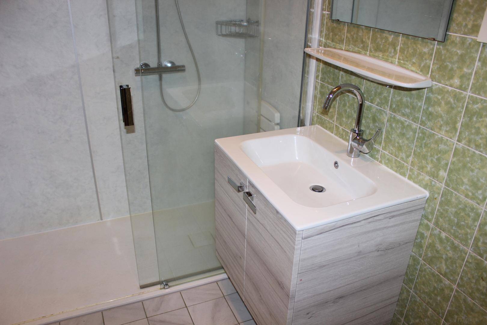 Nahaufnahme des Waschbeckens und der modernen Duschkabine im Badezimmer.