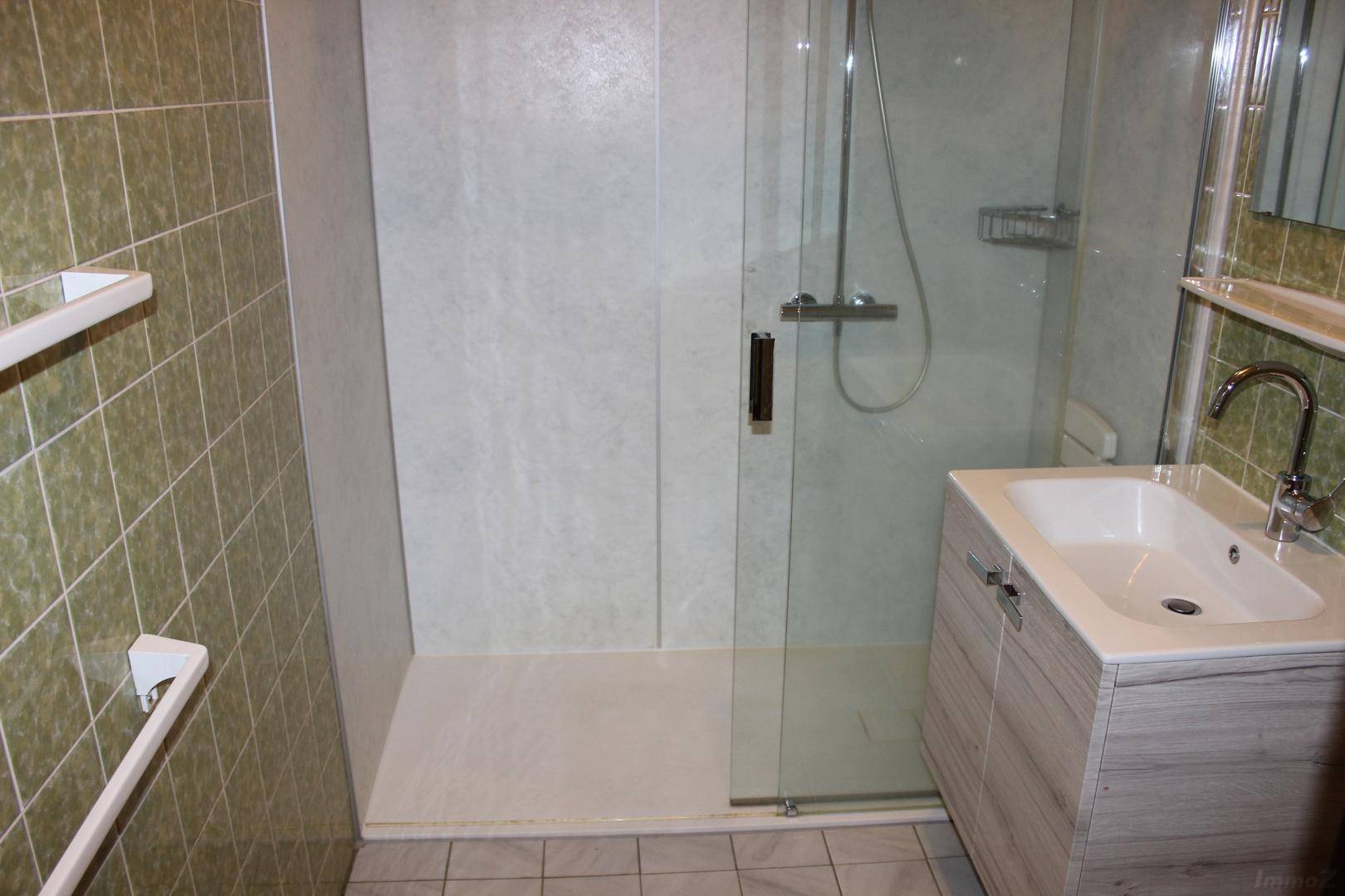 Badezimmer mit Duschbereich, Waschbecken und Handtuchhalter an der grün gefliesten Wand.