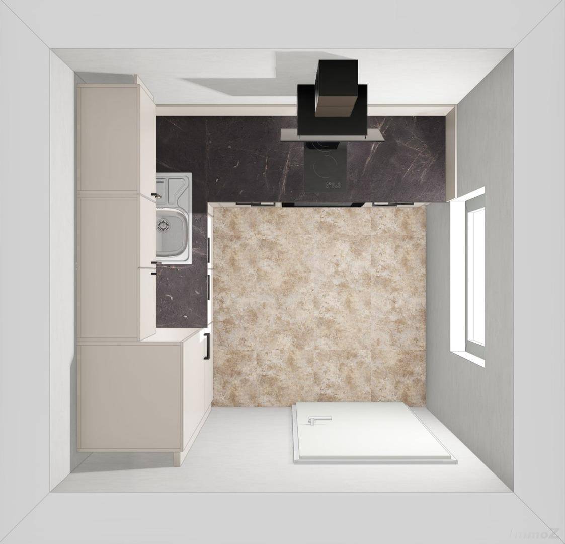 Grundriss-Rendering einer Küche mit L-förmiger Anordnung und Fenster.