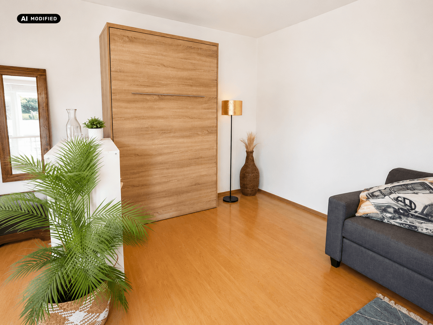 Helles Zimmer mit integriertem Schrankbett, Sofa und Holzfußboden.