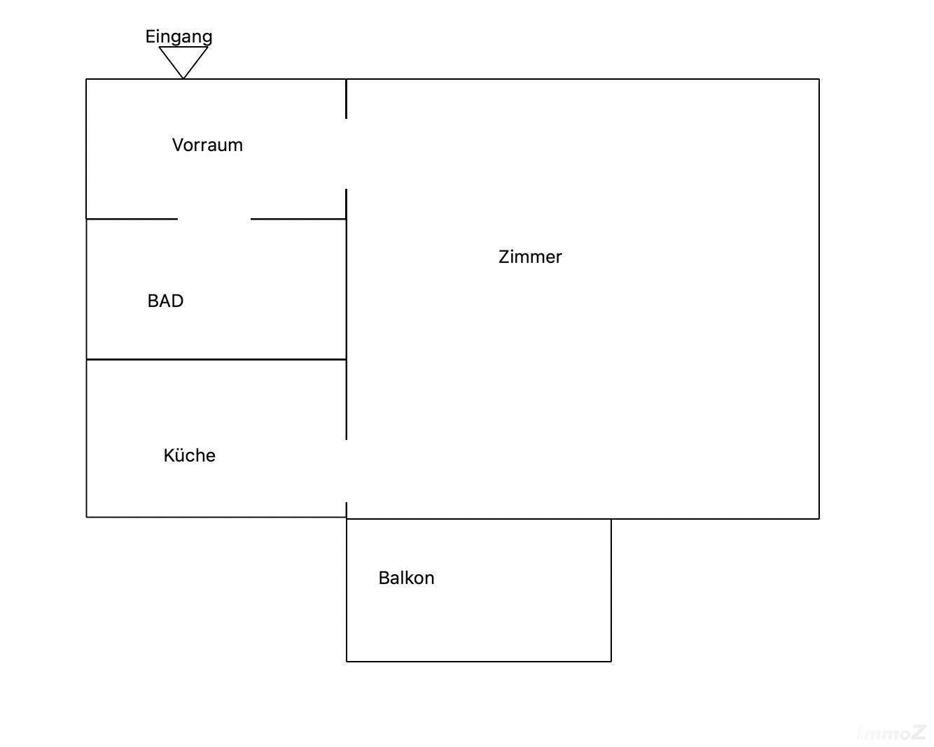 Einfacher Grundriss einer Wohnung mit Vorraum, Bad, Küche, Zimmer und Balkon.