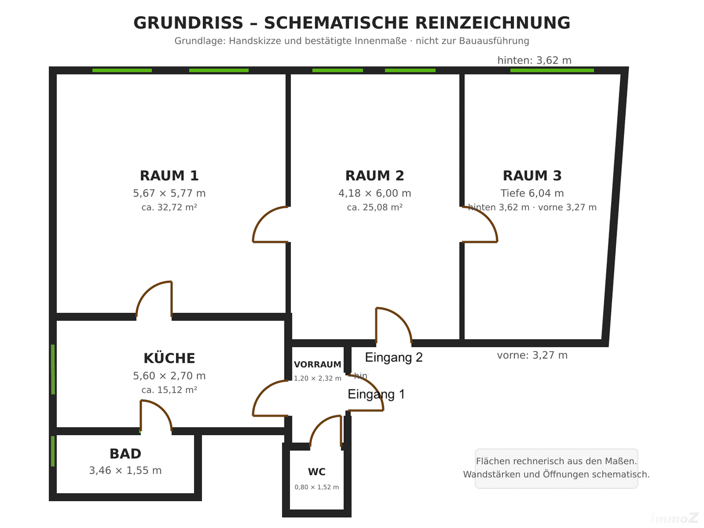 Schematischer Grundriss einer Wohnung mit drei Zimmern, separater Küche, Bad und Gäste-WC.