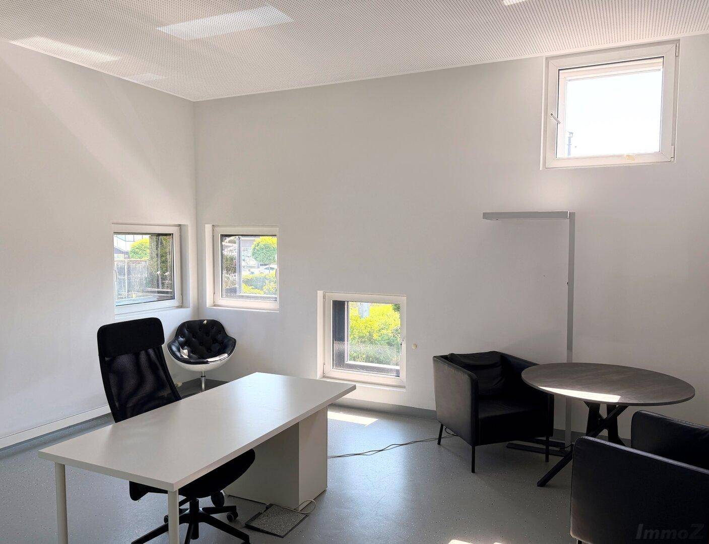Helles und modernes Büro mit mehreren Fenstern, Schreibtisch und Sitzgelegenheiten.