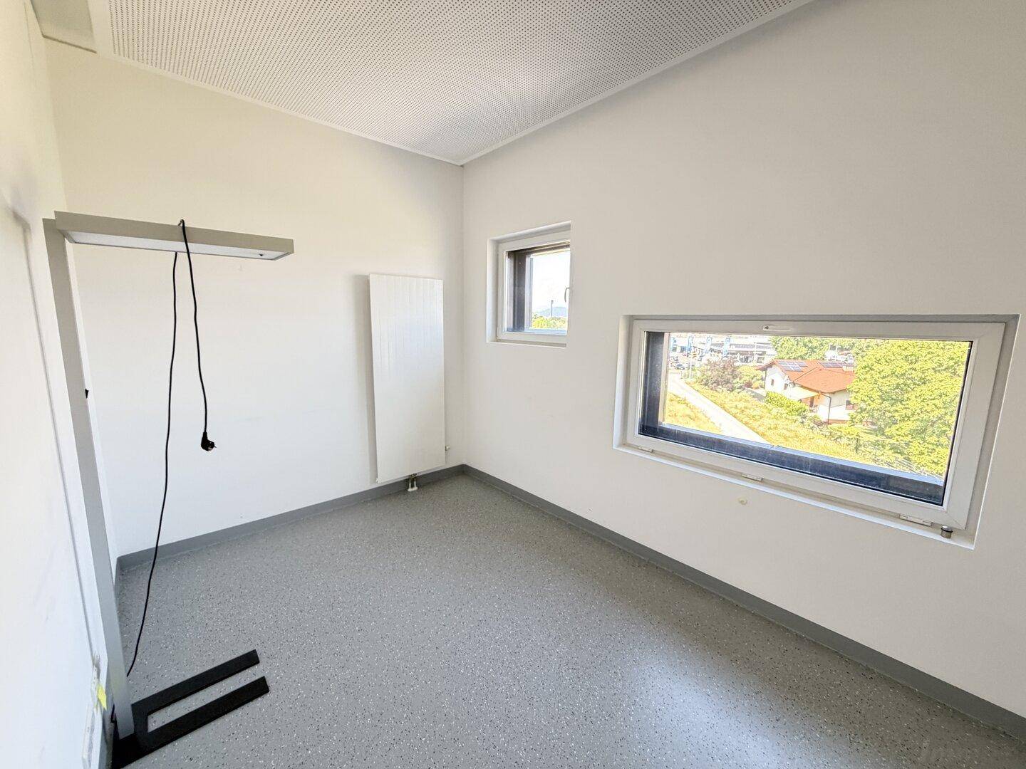 Heller Büroraum mit großen Fenstern, die einen Blick ins Grüne bieten, und Vinylboden.