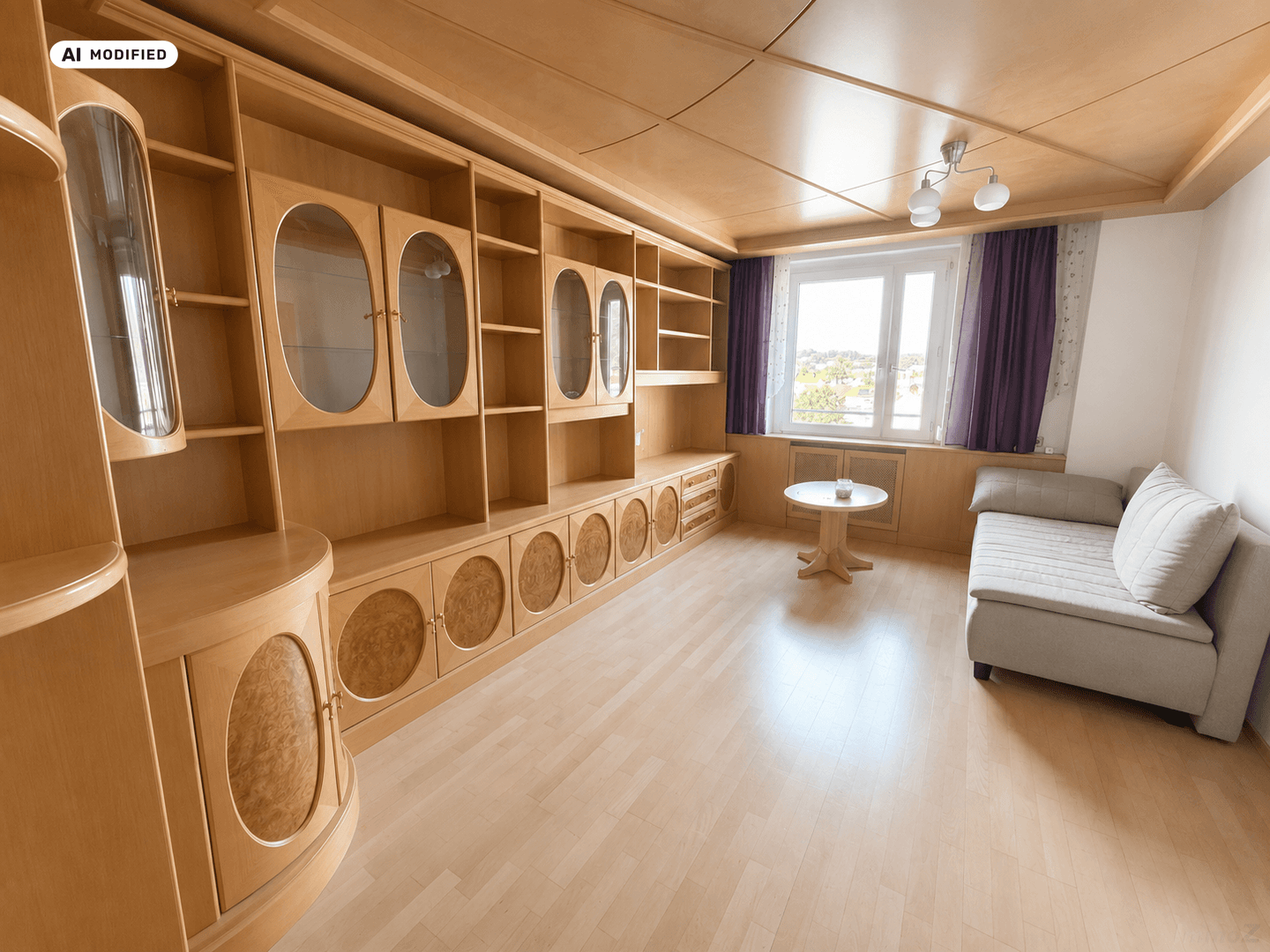 Geräumiges Wohnzimmer mit großer Holzschrankwand, Holzdecke und hellem Laminatboden.