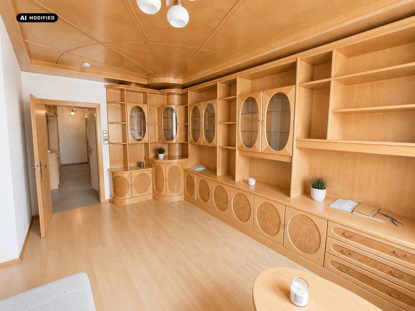 Großzügiges Wohnzimmer mit umfangreicher Holzschrankwand, Holzdecke und hellem Laminatboden.