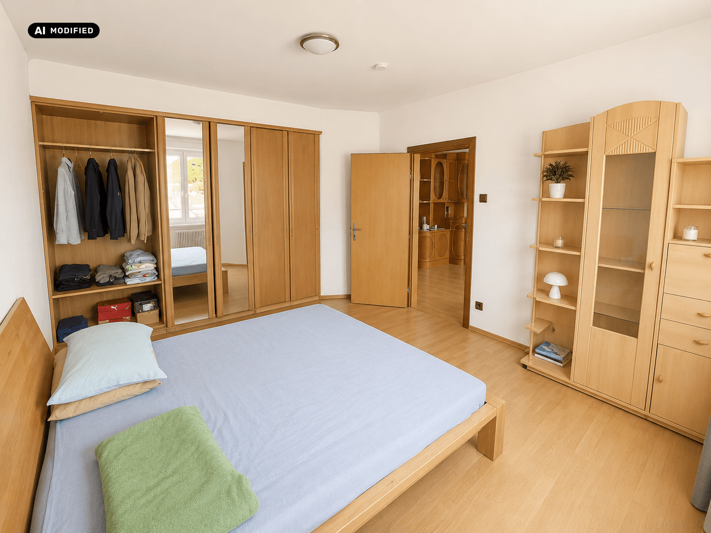 Komfortables Schlafzimmer mit Holzbett, Kleiderschrank und Regal, mit Zugang zu einem weiteren Raum.