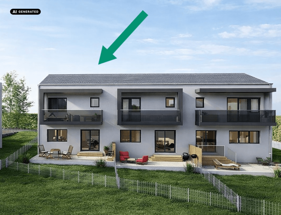 Rückansicht der Reihenhäuser mit großzügigen Terrassen, Balkonen und einem gepflegten Gartenbereich.