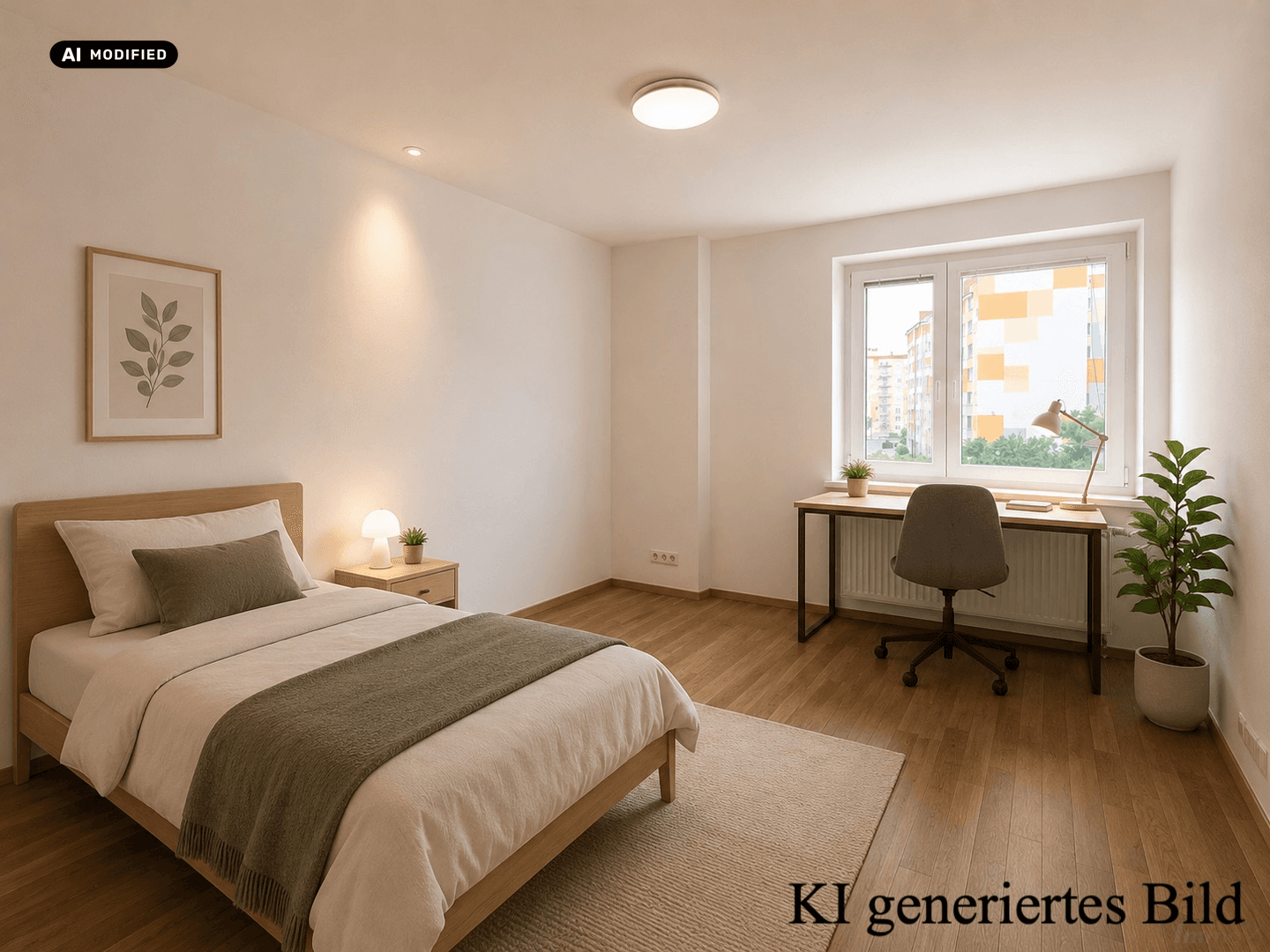 Schlafzimmer mit Holzbett, Schreibtisch am Fenster und hellem Holzboden, gut beleuchtet.