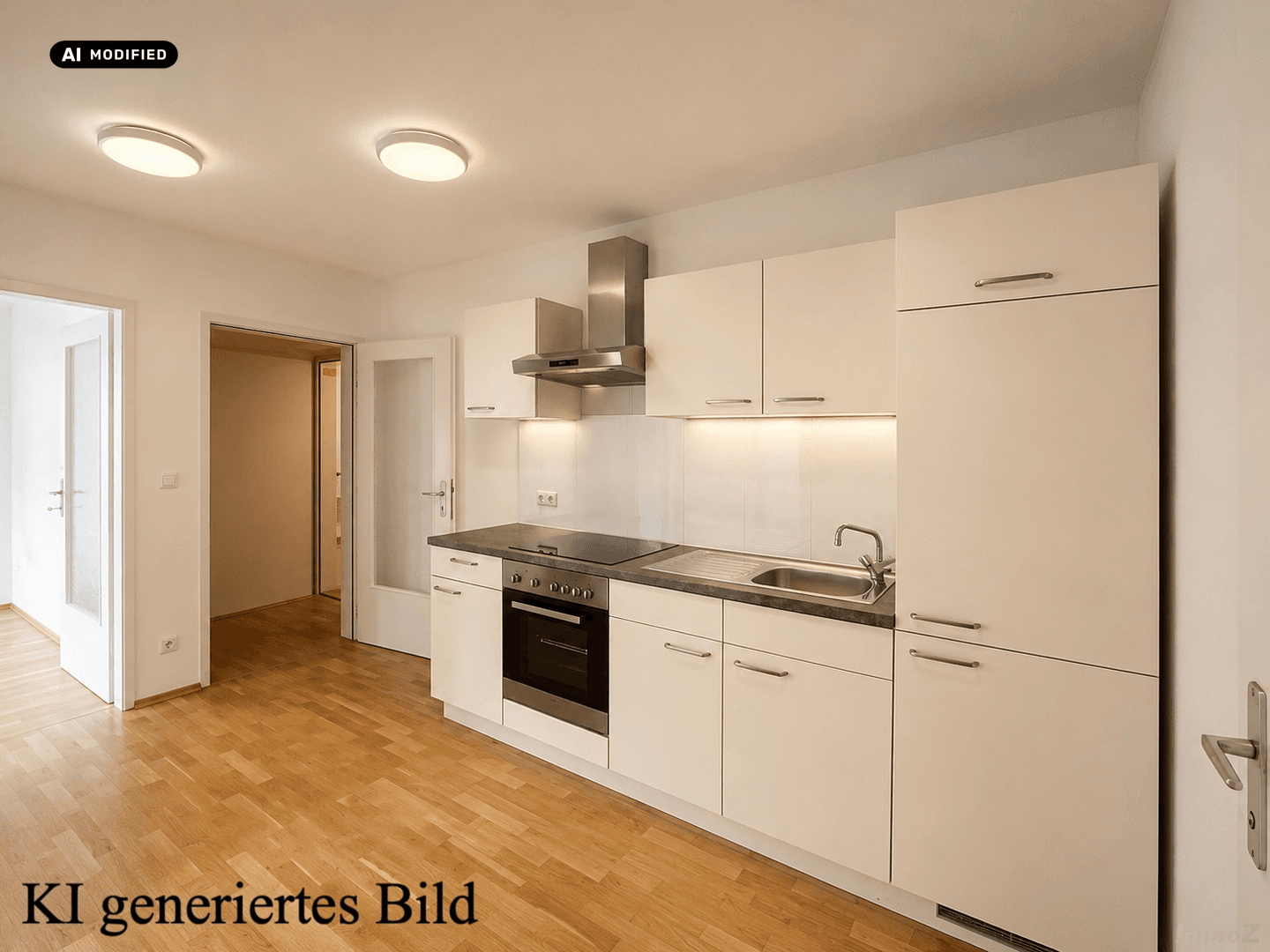 Moderne Einbauküche mit weißen Schränken, dunkler Arbeitsplatte und integrierten Geräten.