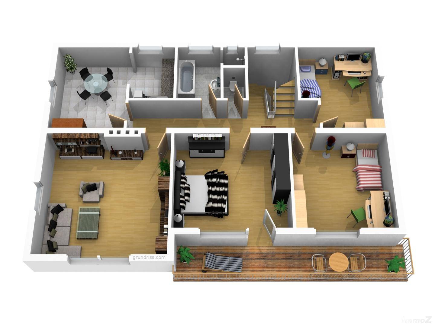 Detaillierter 3D-Grundriss einer Wohnung mit großzügiger Terrasse, Schlafzimmern und offenem Wohnkonzept.