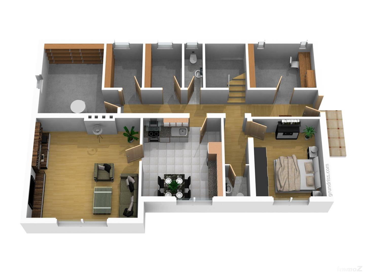 3D-Grundriss einer Wohnung mit offenem Wohnbereich, Küche, Schlafzimmern und Balkon.